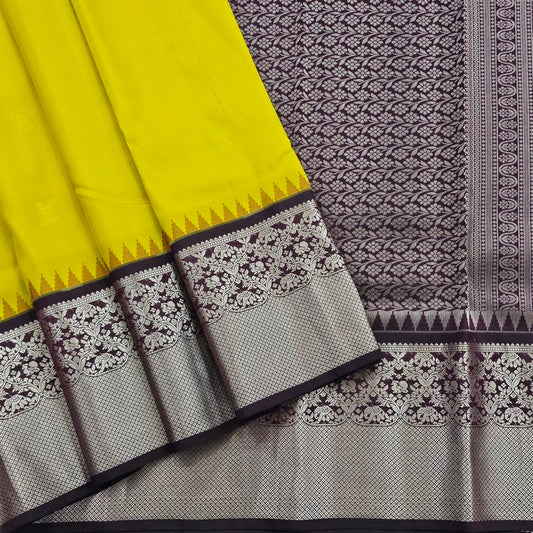 Yellow And Brown Kanchipuram Pure Silk Saree With Grand Pallu – Kanchipuram Lakshaya Silks