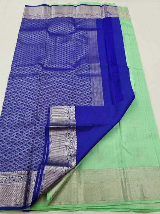 Blue And Green Kanchipuram Pure Silk Saree With Light-colored Border With Subtle – Kanchipuram Lakshaya Silks