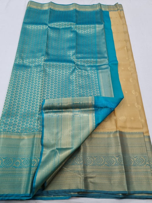Blue And Gold Kanchipuram Pure Silk Saree With Temple Border – Kanchipuram Lakshaya Silks