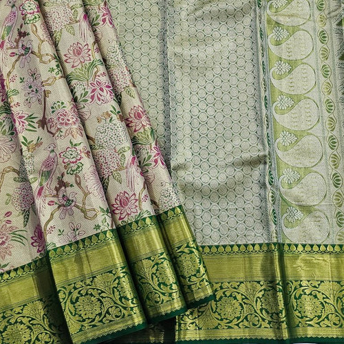 Green And White Kanchipuram Pure Silk Saree With Floral Buta – Kanchipuram Lakshaya Silks