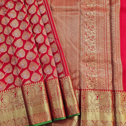 Red And Gold Kanchipuram Pure Silk Saree With Temple Border – Kanchipuram Lakshaya Silks