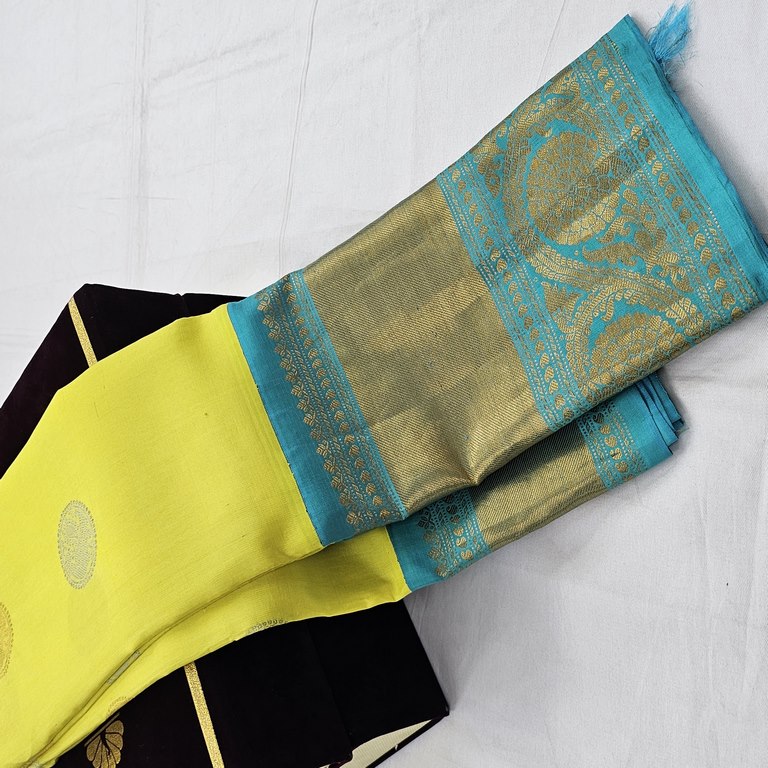 Lemon yellow And Aqua Blue Kanchipuram Pure Silk Sarees