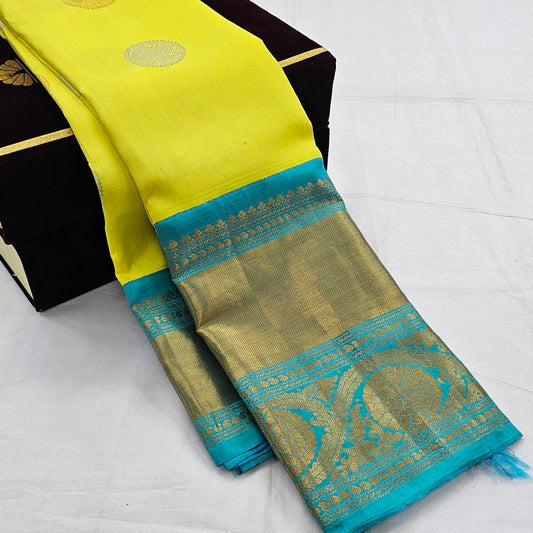 Lemon yellow And Aqua Blue Kanchipuram Pure Silk Sarees