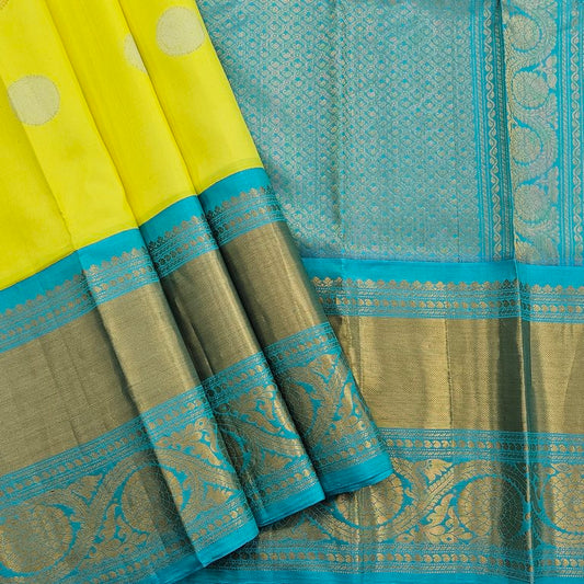 Lemon yellow And Aqua Blue Kanchipuram Pure Silk Sarees