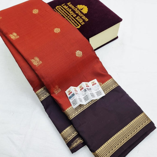 Premium Pure Silk Saree - Rust Orange And Navy Blue 024