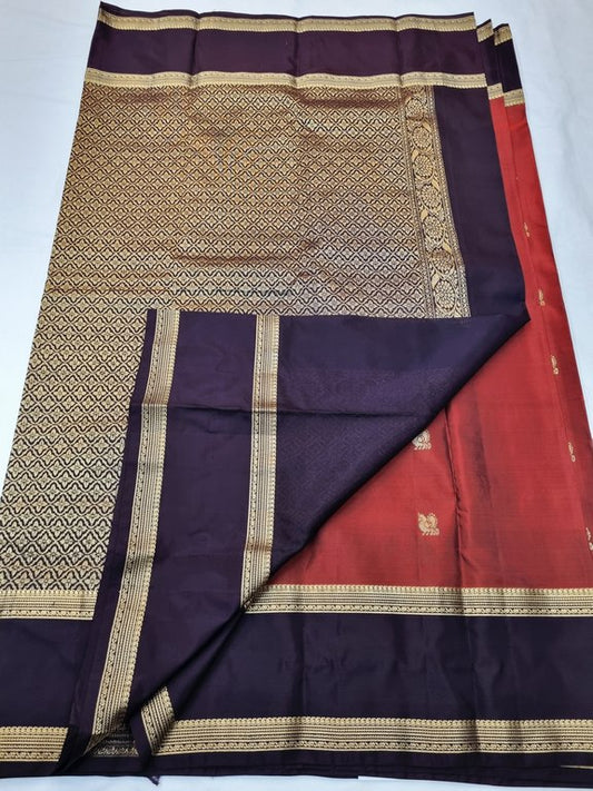 Premium Pure Silk Saree - Rust Orange And Navy Blue 024