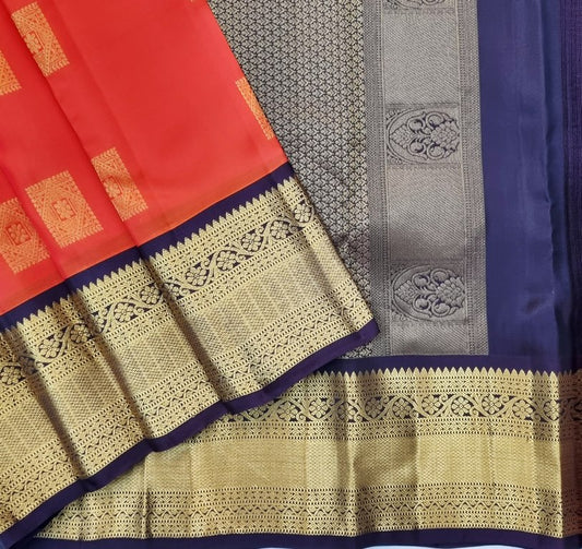 Premium Pure Silk Saree - Radiant Coral Red With Royal Navy Zari Grandeur 052
