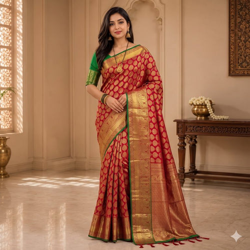 Red And Gold Kanchipuram Handloom Pure Bridal Silk Saree 001