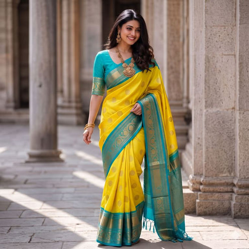 Lemon yellow And Aqua Blue Handloom Kanchipuram Pure Silk Sarees