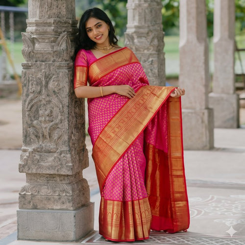 Rani Pink with Chilli Red Kanchipuram Handloom Bridal Saree 002