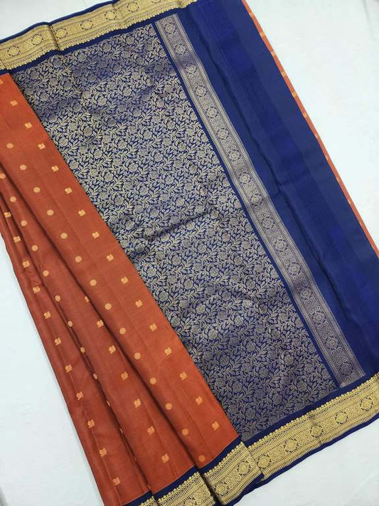 Premium Pure Silk Saree - Rust Orange And Navy Blue (023)