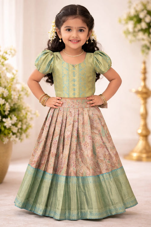 Premium Kids Lehenga Choli – Pure Kanchipuram Tissue Silk | Pastel Green & Peach (Size: 0 - 3 years…