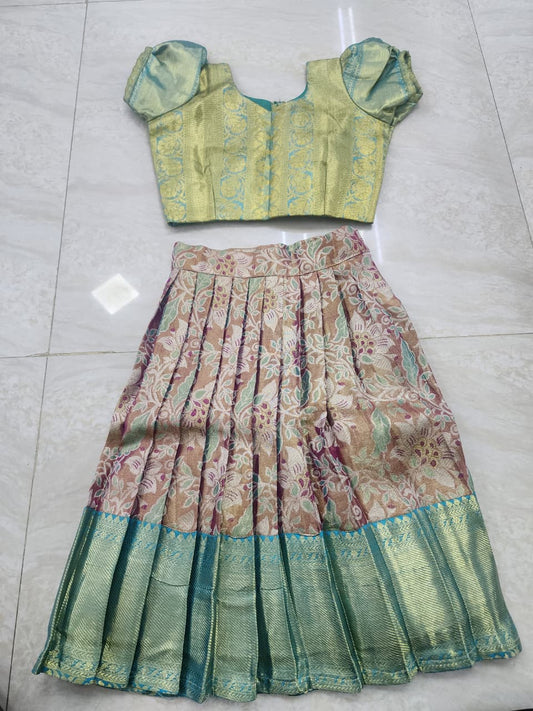 Premium Kids Lehenga Choli – Pure Kanchipuram Tissue Silk | Pastel Green & Peach (Size: 0 - 3 years age)