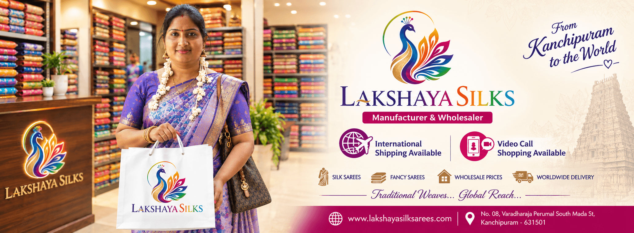 Kanchipuram Lakshaya Silks store team with shopping bags