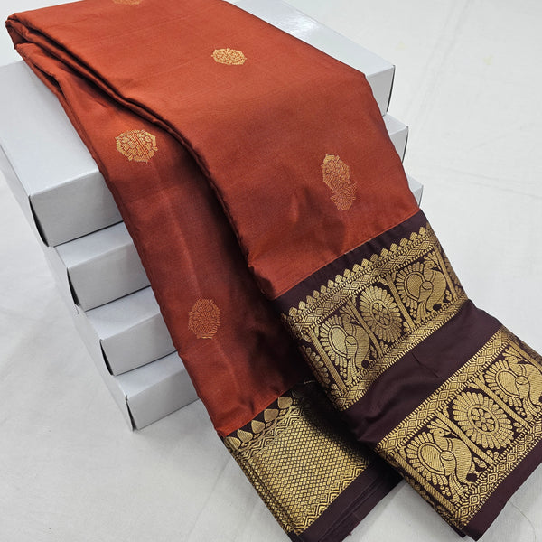 Kanchipuram Blended Vintage Rusted Orange Silk Saree 001