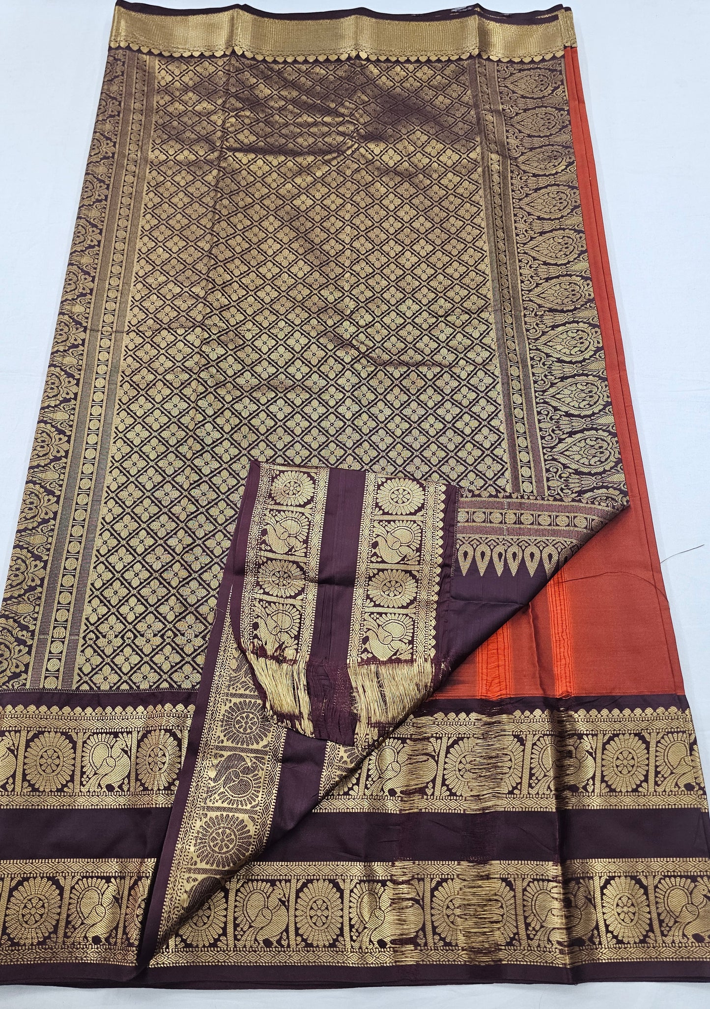 Kanchipuram Blended Vintage Rusted Orange Silk Saree 001