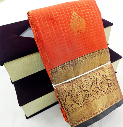 Kanchipuram Blended Traditional Korvai Checked Silk Saree 002 – Kanchipuram Lakshaya Silks