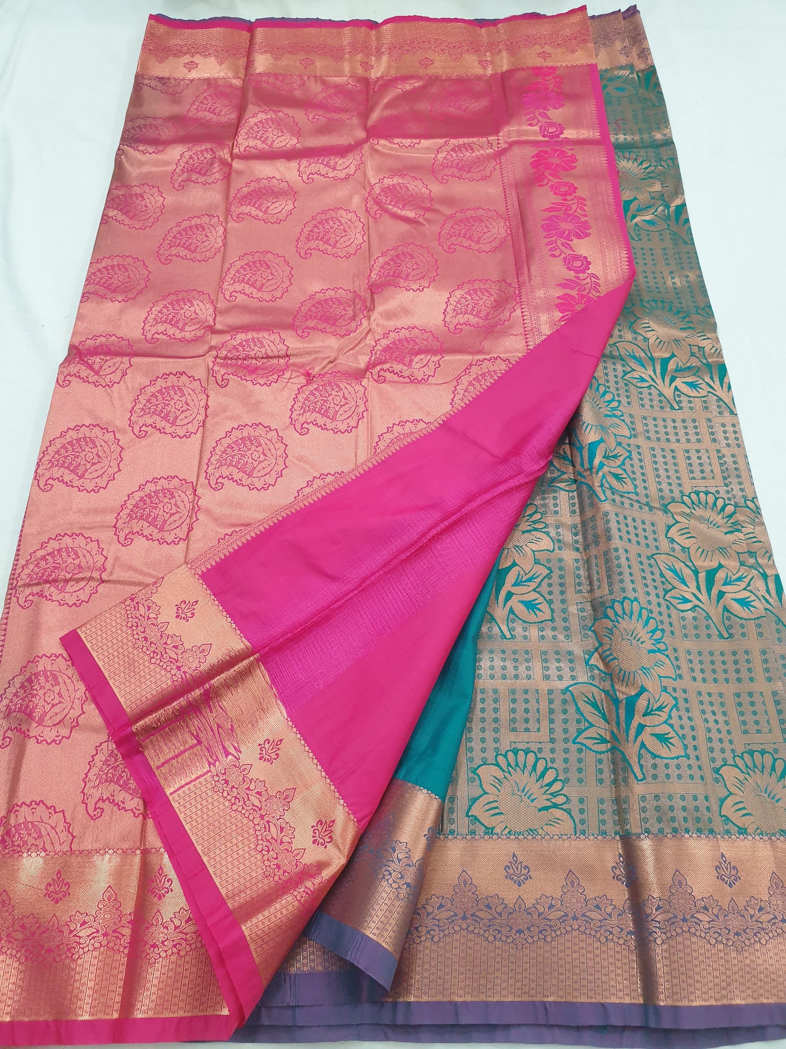 Green and Pink Kanchipuram Silk Saree Handwoven Pure Silk Pure Zari Fo –  Panjavarnam