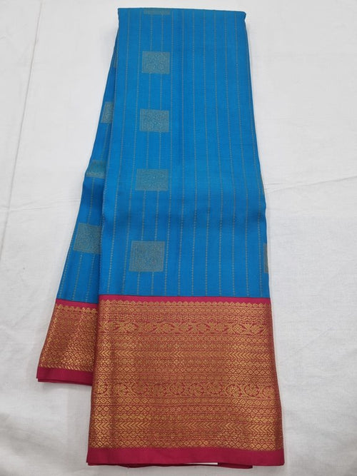 Blue And Maroon Kanchipuram Pure Silk Saree With Striped Pattern – Kanchipuram Lakshaya Silks