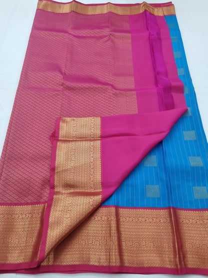 Blue And Maroon Kanchipuram Pure Silk Saree With Striped Pattern – Kanchipuram Lakshaya Silks