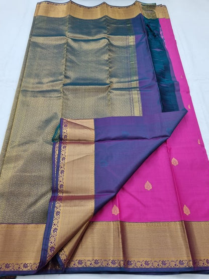 Pink And Gold Kanchipuram Pure Silk Saree With Temple Border – Kanchipuram Lakshaya Silks