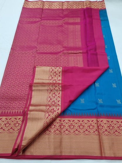 Blue And Maroon Kanchipuram Pure Silk Saree With Paisley Motif – Kanchipuram Lakshaya Silks