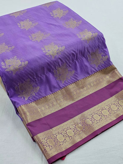 Purple And Gold Kanchipuram Pure Silk Saree With Floral Buta – Kanchipuram Lakshaya Silks