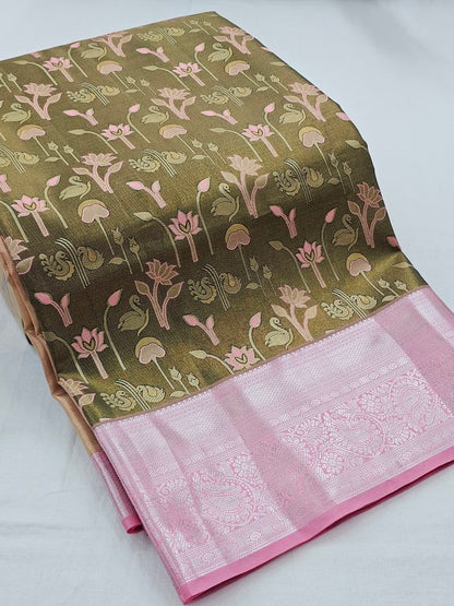 Pink And Gold Kanchipuram Pure Silk Saree With Buta – Kanchipuram Lakshaya Silks