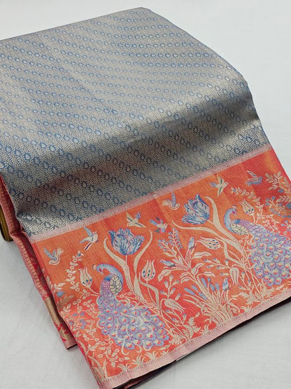 Blue And Red Kanchipuram Blended Tissue Silk Sarees 035 – Kanchipuram Lakshaya Silks