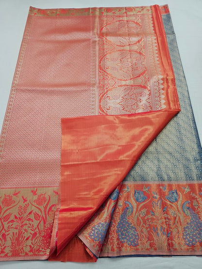Blue And Red Kanchipuram Blended Tissue Silk Sarees 035
