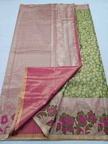 Pink And Purple Kanchipuram Pure Silk Saree With Floral Motif