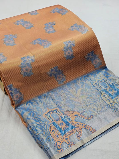 Tan And Blue Kanchipuram Pure Silk Saree With Floral Buta – Kanchipuram Lakshaya Silks