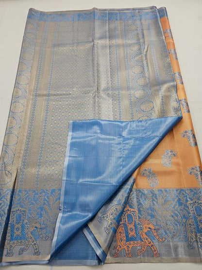 Tan And Blue Kanchipuram Pure Silk Saree With Floral Buta