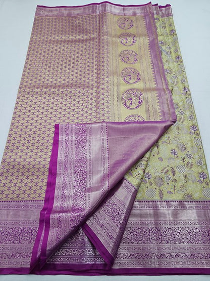 Pink And Purple Kanchipuram Pure Silk Saree With Floral Buta