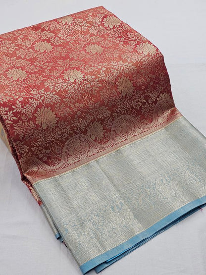 Red And Blue Kanchipuram Pure Silk Saree With Floral Buta – Kanchipuram Lakshaya Silks