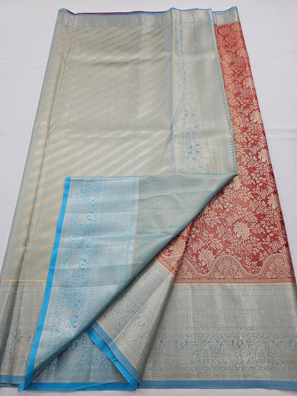 Red And Blue Kanchipuram Pure Silk Saree With Floral Buta