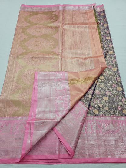 Pink And Purple Kanchipuram Pure Silk Saree With Floral Design