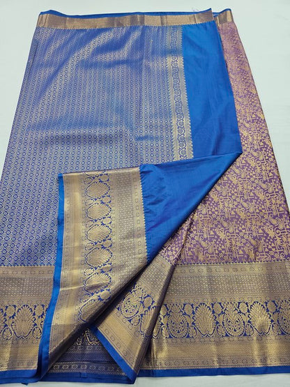 Blue And Purple Kanchipuram Pure Silk Saree With Paisley Motif