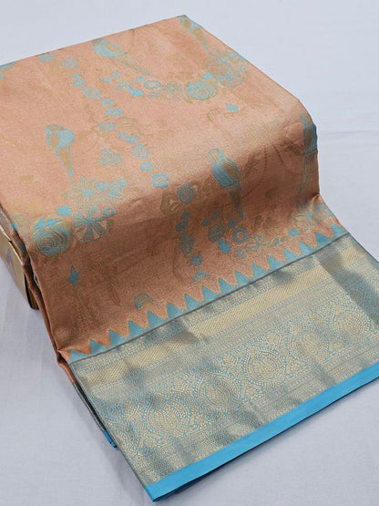Blue And Gold Kanchipuram Pure Silk Saree With Paisley Motif – Kanchipuram Lakshaya Silks