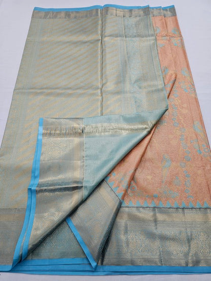Blue And Gold Kanchipuram Pure Silk Saree With Paisley Motif