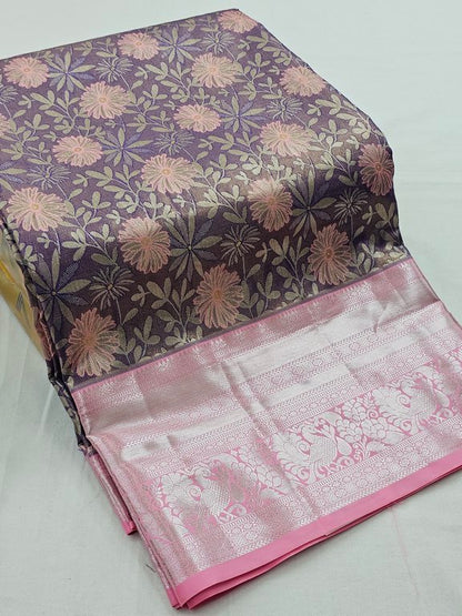 Purple And Pink Kanchipuram Pure Silk Saree With Floral – Kanchipuram Lakshaya Silks