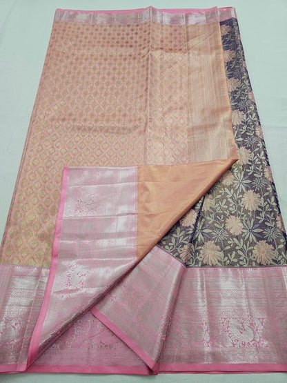 Purple And Pink Kanchipuram Pure Silk Saree With Floral