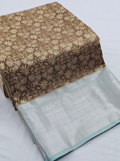 Dark Brown And Cream and Light Blue Kanchipuram Pure Silk Saree With Temple Border – Kanchipuram Lakshaya Silks