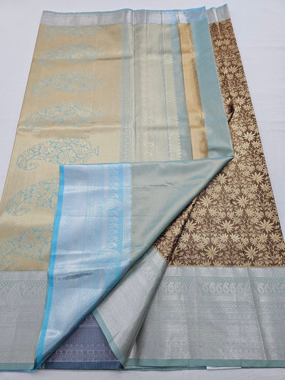 Dark Brown And Cream and Light Blue Kanchipuram Pure Silk Saree With Temple Border