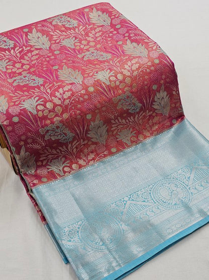 Red And Blue Kanchipuram Pure Silk Saree With Floral Border – Kanchipuram Lakshaya Silks