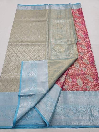 Red And Blue Kanchipuram Pure Silk Saree With Floral Border