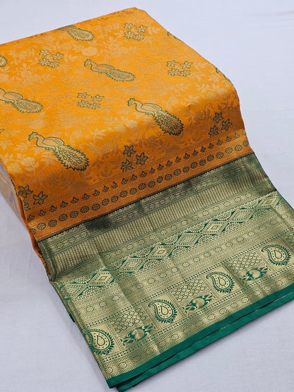 Yellow And Blue Kanchipuram Pure Silk Saree With Zari – Kanchipuram Lakshaya Silks