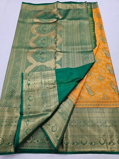 Yellow And Blue Kanchipuram Pure Silk Saree With Zari