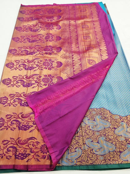 Silver Blue And Orange Pure Silk Kanchipuram Saree