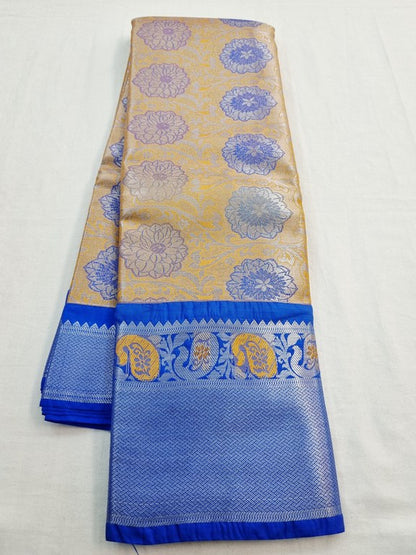 Blue And Yellow Kanchipuram Pure Silk Saree With Floral Border – Kanchipuram Lakshaya Silks